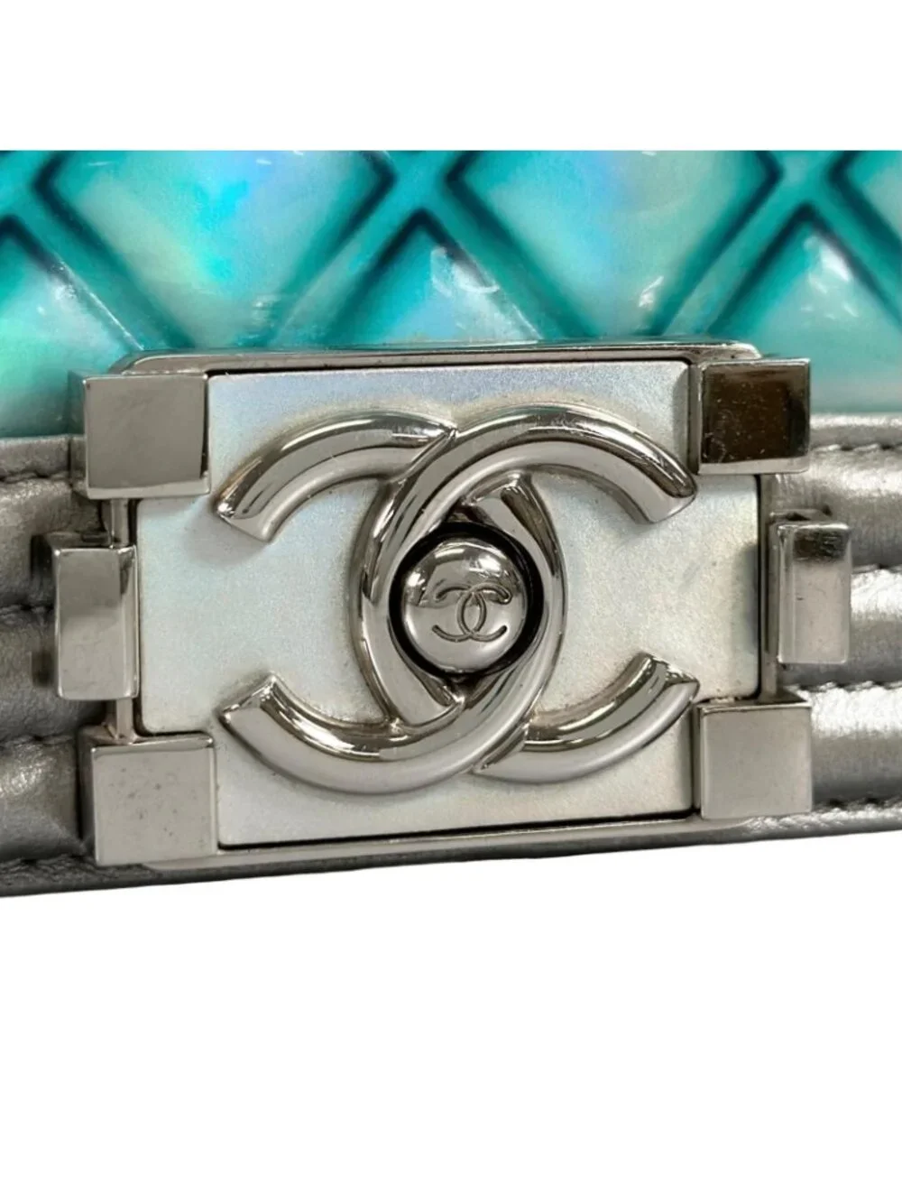 Chanel Boy Enamel Leather Lambskin Silver Light Blue Shoulder